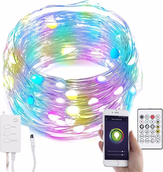 Produktbild Luminea RGB-LED-Lichterdraht mit Musik-Steuerung, WLAN und App, USB, 10 m (10 m)