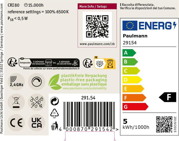 Label énergétique Paulmann Goutte Filament Zigbee Set de 3 pièces (E14, 5 W, 470 lm, 1 x, F)