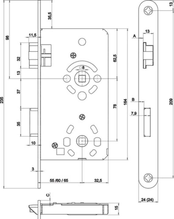 Image du produit SSF Serrure à mortaiser pour porte de chambre BAD 20/ 55/78/8 mm DIN droite argentée arrondie classe 3 (Serrure à mortaise)