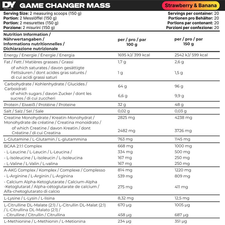 Nährwerte und Zutaten DY Nutrition Game Changer Mass (Erdbeere und Banane, 3000 g)