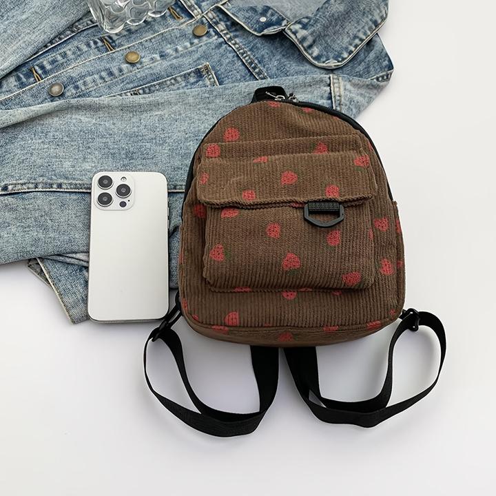 Actual product image Only-Bags.Store Niedliche Erdbeere Druck Samt Mini Rucksack, leichtes Polyester mit verstellbaren Riemen
