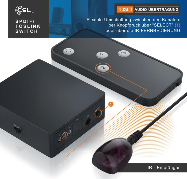 Produktbild CSL 3x1 SPDIF Switch, Audio Umschalter mit Fernbedienung, 3x Toslin zu 1x Toslink