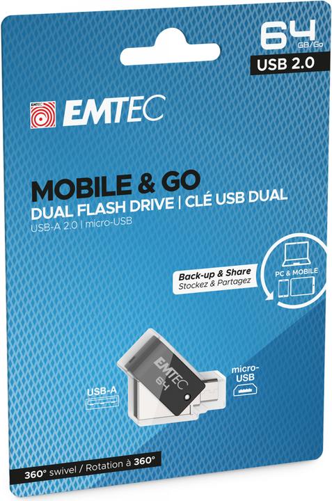 Produktbild Emtec Dual USB2.0 micro-USB T260 64GB (64 GB, Micro USB, USB-A, USB 2.0)