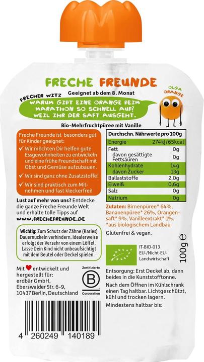 Produktbild Freche Freunde Birne - Banane - Orange - Vanille ohne die Zugabe von Gluten -freier Zucker aus dem 8. Monat Bio 100 (107 g)