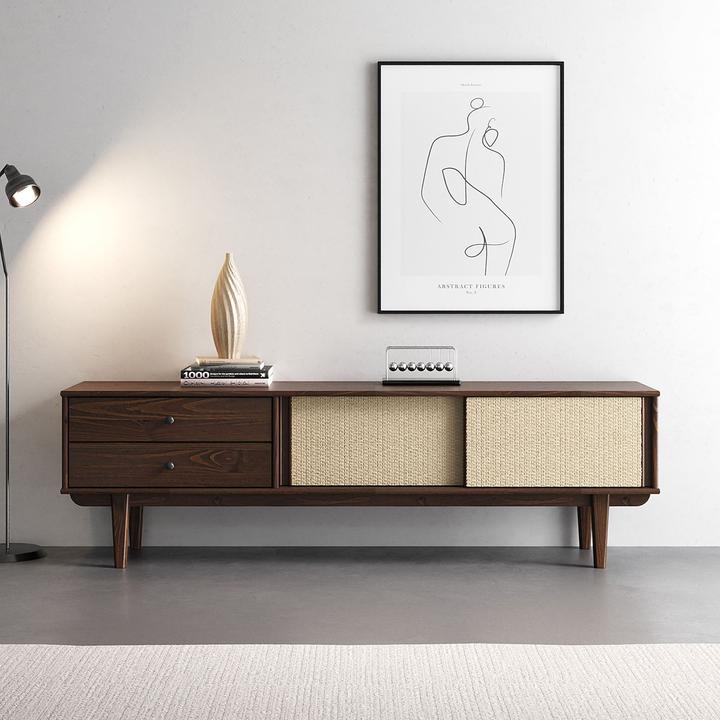 Actual product image IDIMEX Lowboard SIMONA aus Kiefer Massivholz mit Rattangeflecht – Nussbaumoptik