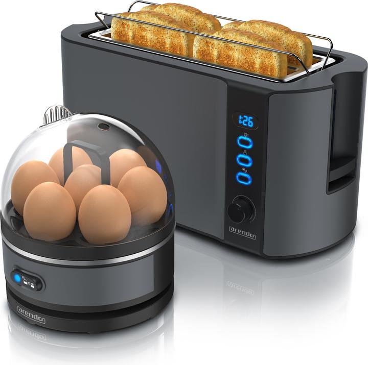 Produktbild Arendo Frühstücks Set, 4 Scheiben Langschlitz Toaster mit Brötchenaufsatz & Eierkocher für 7 Eier, Grau
