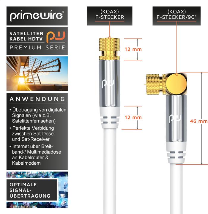 Produktbild Primewire SAT Kabel HDTV 90° gewinkelt - Premium SAT Koaxialkabel - TV Radio DVB-T DVB-C - 4 Fach Schirmung (135 dB)
