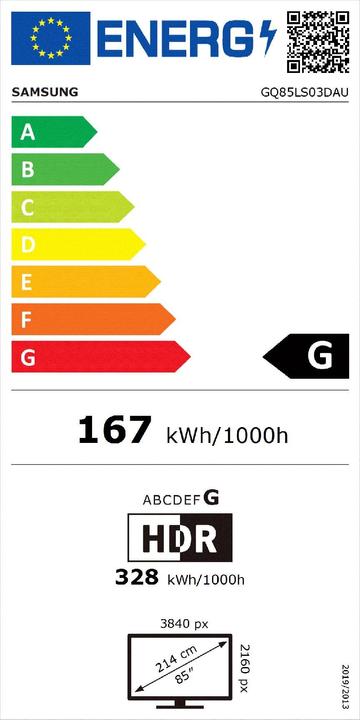 Energy Label Samsung The Frame LS03D 85 inch Smart TV Q85LS03DAU 2024 (85", LS03D, QLED, 4K, 2024)
