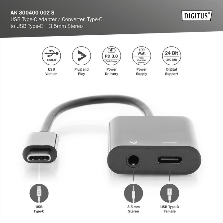 Produktbild Digitus USB Typ C — 3.5mm Klinke| USB Typ C (USB-C, 1 Ports)