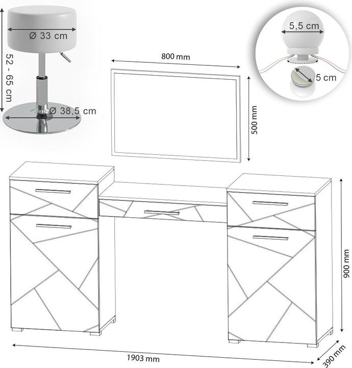 Produktbild Vicco Irma mit Hocker und Beleuchtung (190 x 90 x 39 cm)