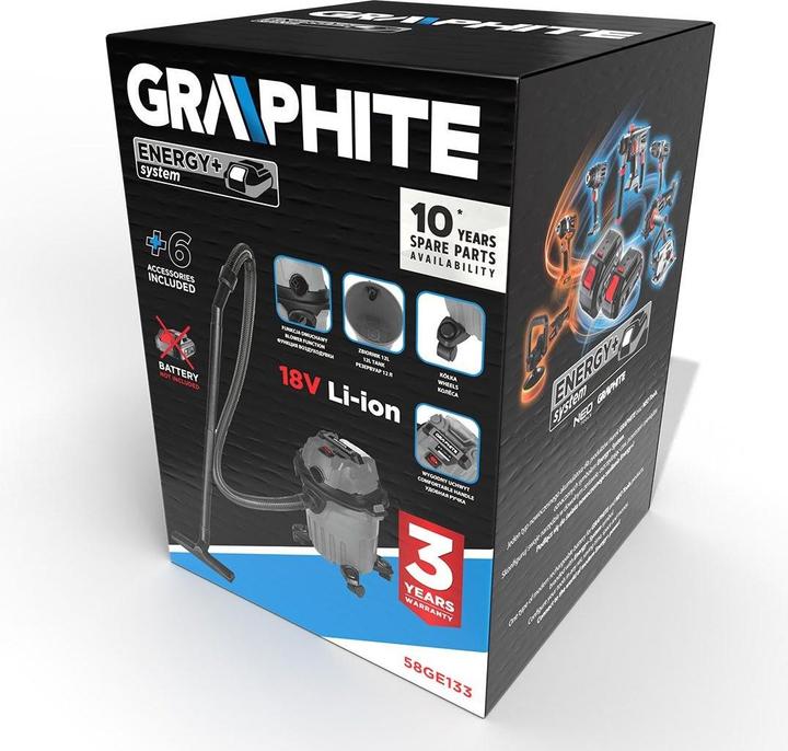 Productafbeelding Graphite Werkplaats stofzuiger Energy+ 18V Li-lon, nat en droog, 12L tank (Nat-droog stofzuiger)