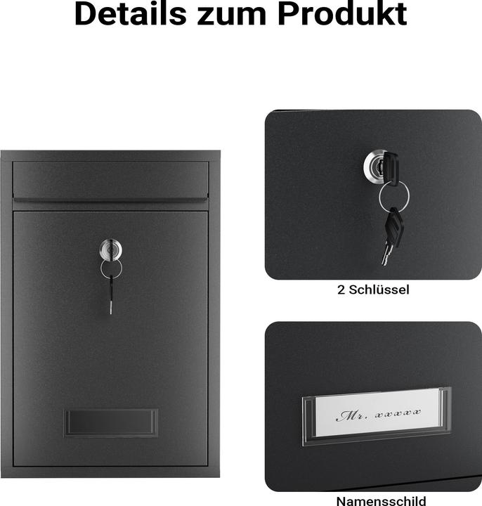 Produktbild Wiltec Briefkasten V11 Postkasten Namensschild 2 Schlüssel Stahl