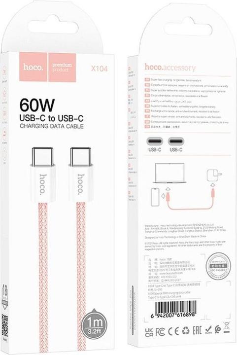 Actual product image Hoco Cable EOL cable Type C to Type C 3A 60W 1 m X104 pink (1 m, USB 3.0)