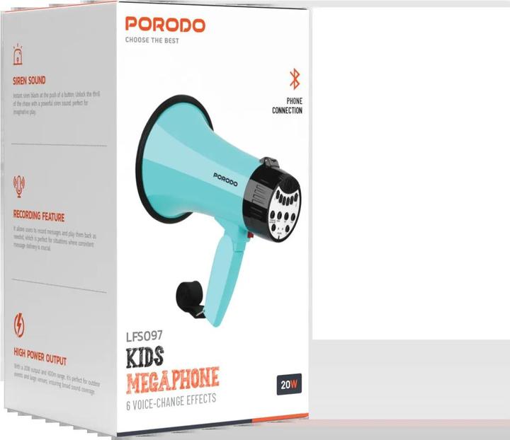 Actual product image Porodo Lifestyle 30W Siren Bluetooth Recorder Megaphone with 6 Voice Modes - Sky Bl (Megaphone)