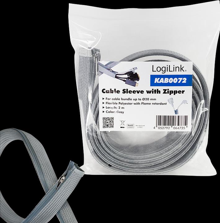 Actual product image LogiLink Cable conduit with zip fastener, 2.0 m, grey, made of polyester, abrasion, tension & deformation (Cable conduit, 200 cm)
