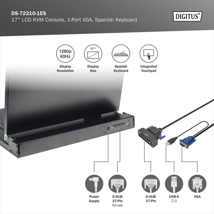 Produktbild Digitus Modulare Konsole mit 17" TFT (43,2cm), 1-Port KVM & Touchpad, spanische Tastatur
