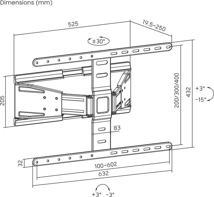 Image du produit Nedis Support TV mural pour 43 à 90 pouces, entièrement mobile, inclinable et pivotant, ABS / acier (Mur, 90", 50 kg)