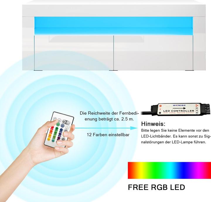 Produktbild SONNI TV-Aufsatzschrank mit LED-Beleuchtung (konfigurierbar in 12 Farben), 120 x 40 cm, weisser Hochg (120 x 40 x 45 cm)
