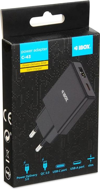 Actual product image iBox C-43 Slim GaN PD30W mains charger black (30 W)