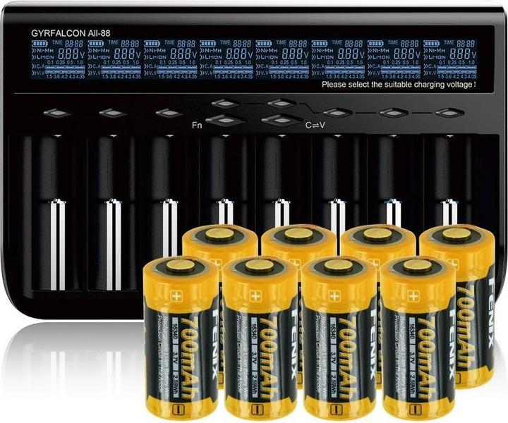 Actual product image AccuCell 8fach Schnell-Ladegerät und 8 Stück CR123 A Li-ion Akku (1 pcs., CR123A, 760 mAh, Battery + charger)