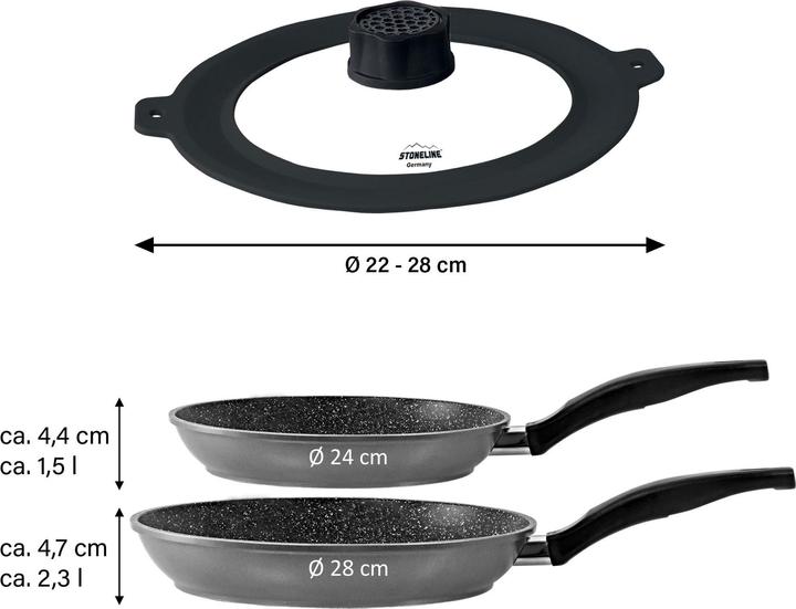 Actual product image Stoneline 3-piece pan set 24/28 | with lid - Black (28 cm, Pan set + pot set, Cast iron)