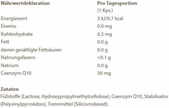 Valori nutrizionali e ingredienti Burgerstein coenzima Q10 (180 Pezzo/i, Pillole, 54 g)