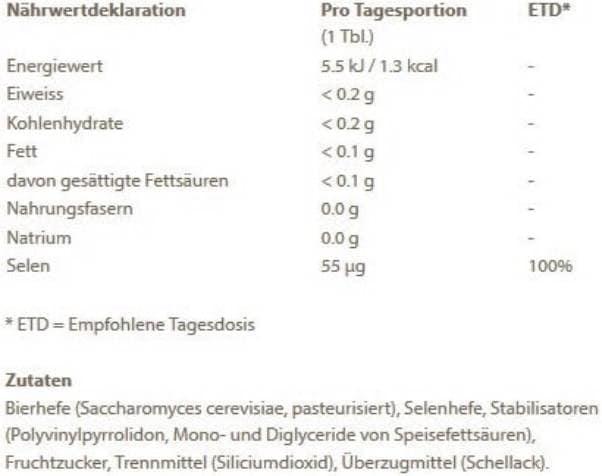 Nährwerte und Zutaten Burgerstein Selenvital (100 Stück, Tabletten, 31.80 g)
