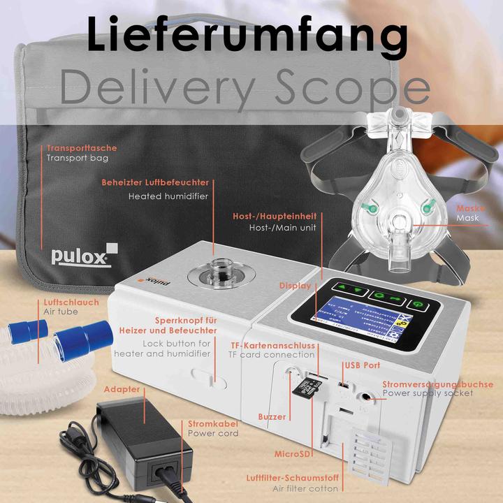 Actual product image Pulox Auto CPAP sleep apnoea therapy device with face mask