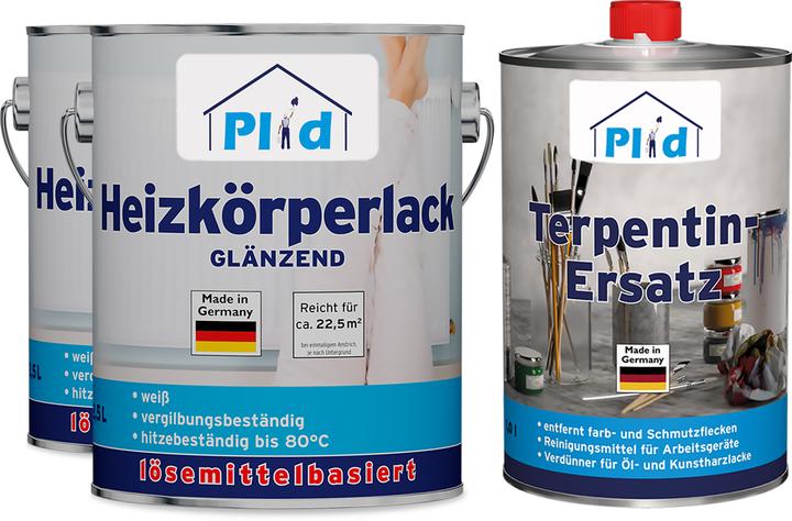 Plid Heizkörperlack 5L Weiss Glänzend für ca. 60m² + Terpentinersatz / Thermolack (Weiss, 5 l)