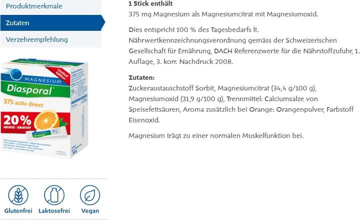 Nährwerte und Zutaten magnesium diasporal 375 activ direct (20 Stück, Sachet, 34 g)