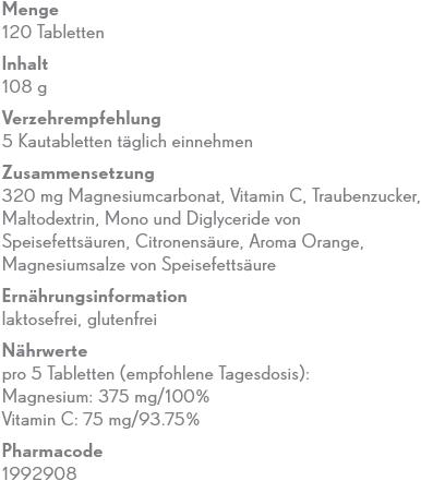 Nährwerte und Zutaten Phytopharma Magnesium C (120 Stück, Tabletten, 132 g)
