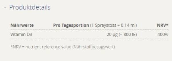 Nährwerte und Zutaten Burgerstein Vitamin D3 800 IE (1 Stück, Flüssigkeit, 40 g)