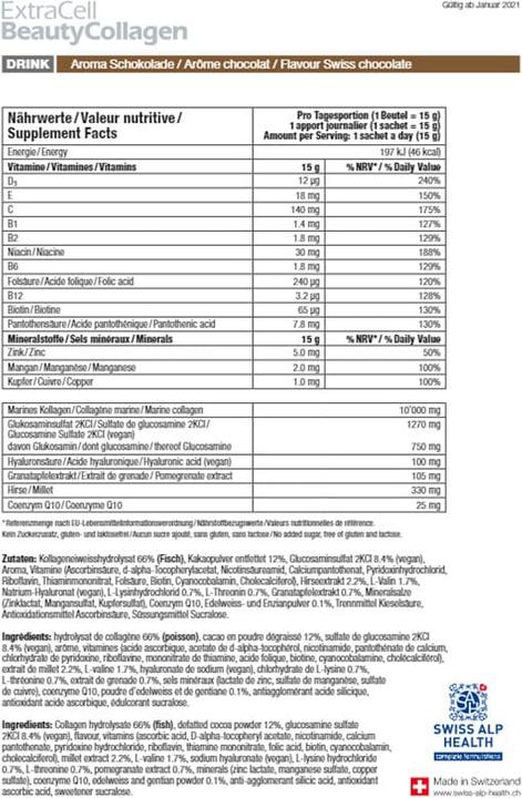 Valeurs nutritives et ingrédients Swiss Alp Health ExtraCell BeautyCollagen (20 pièce(s), Beutel, Poudre, 360 g)