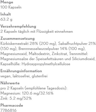 Nährwerte und Zutaten Phytopharma Kürbis Sabal Brennnessel (100 Stück, Kapseln, 114 g)