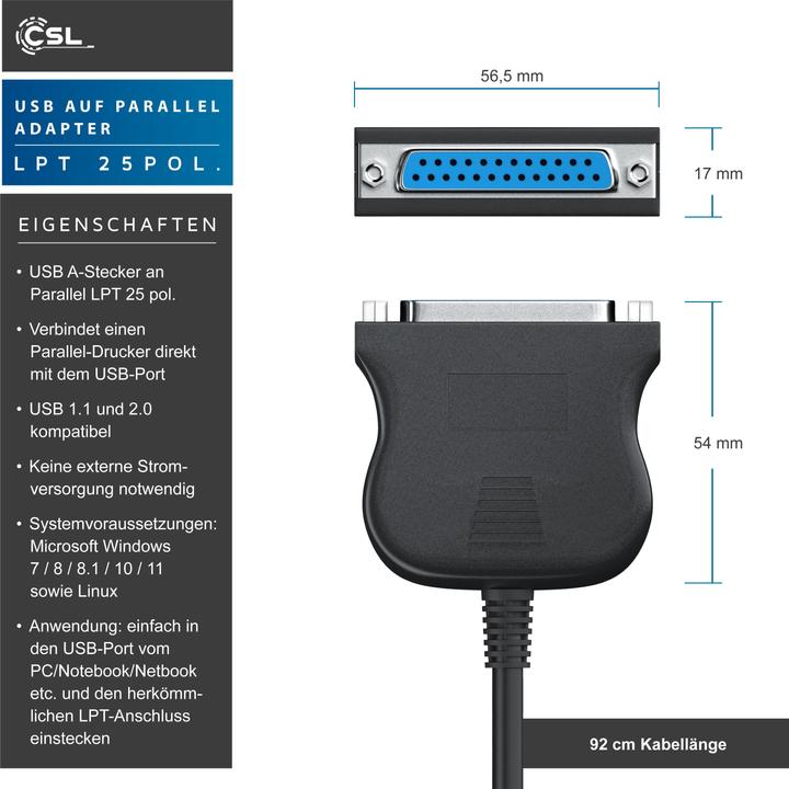 Produktbild CSL USB A auf Parallel Adapter LPT 25pol. - D-SUB DE 25 zu USB Typ A, 90 cm, Druckerkabel, Adapterkabel (1 m, Parallel (Drucker))