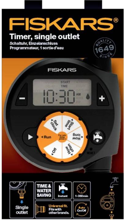 Produktbild Fiskars Zeitschaltuhr/Timer mit 1 Ausgang, Für alle gängigen Wasserhahngrössen, Leicht ablesbares LCD (Tropfschlauch + Tropfrohr)