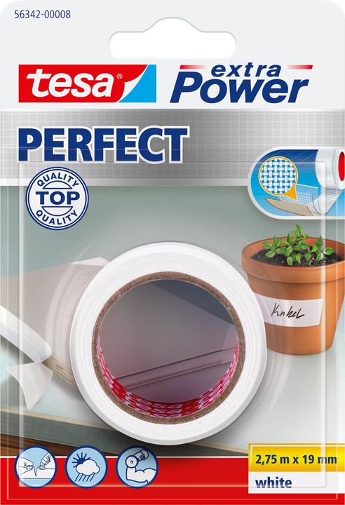 tesa extra Power Perfect, 2,75 m, blanc, tissu, carton, papier, 19 mm, emballage visuel (19 mm)