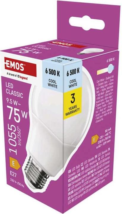 Produktbild Emos LED Lampe Classic A60 / E27 / 9,5 W (75 W) / 1055 lm / Kalt-Weiss (E27, 9.50 W, 1055 lm, 1 x, E)