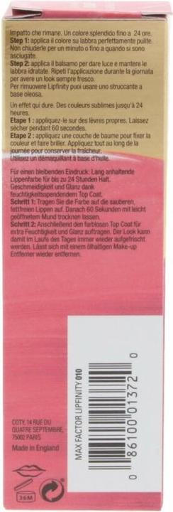 Nutritional values and ingredients Max Factor Lipfinity Lip Colour (010 Whisper)