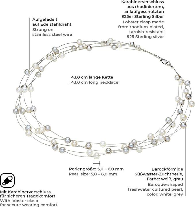 Produktbild Valero Pearls Damen Sterling Silber Süsswasser-Zuchtperle silber 43,0 cm - 2888 (Sterling Silber, 43 cm)