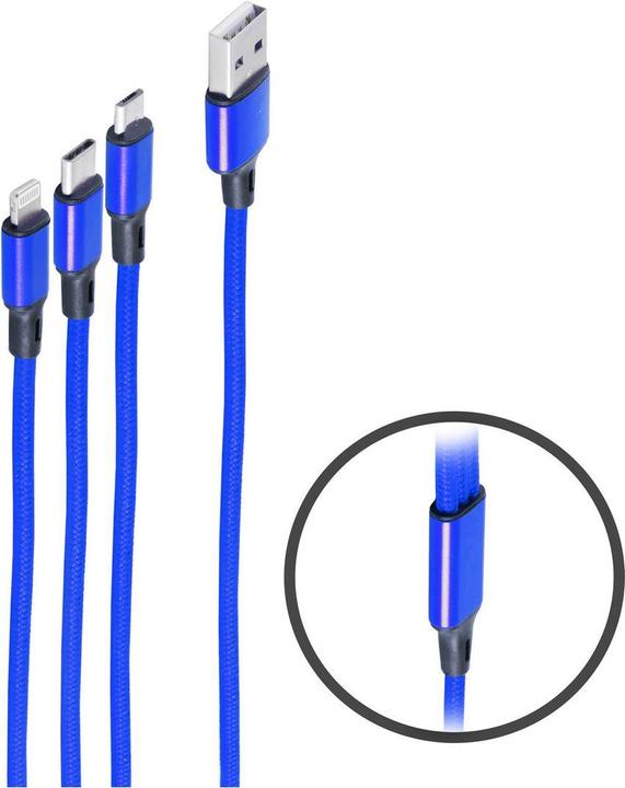 Actual product image Shiverpeaks ®-BASIC-S--USB 3in1 charging cable A plug to USB Micro B + USB type C + 8-pin plug, blue, 1.2m (1.20 m)