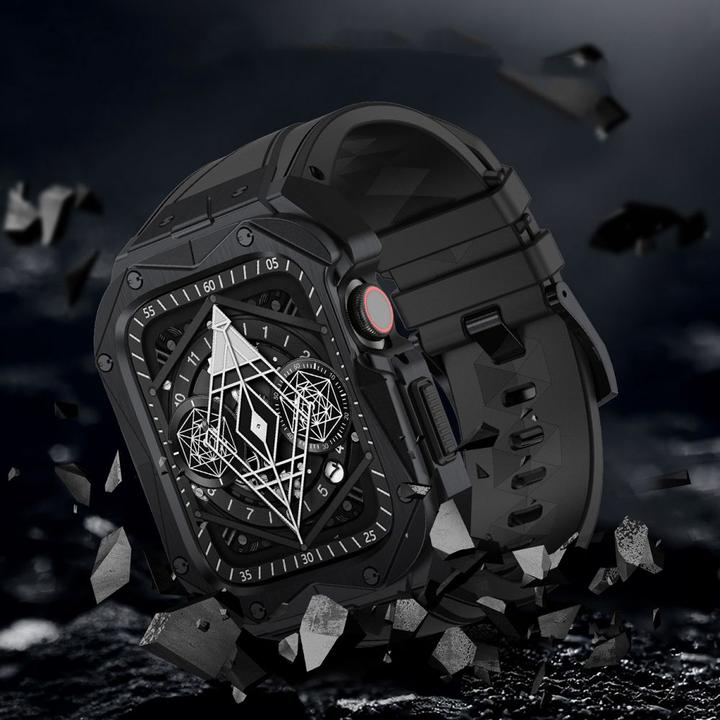 Produktbild Kingxbar CYF140 Robustes 2in1-Gehäuse für Apple Watch SE 6, 5, 4 (44 mm) Edelstahl mit schwarzem Armband (44 mm, TPU, Nerūdijantis plienas)