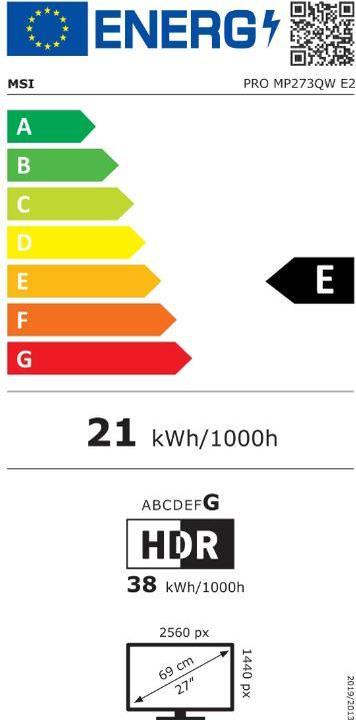 Energie-Label MSI PRO MP273QWDE E2 Office Monitor - IPS Panel, 100Hz White, 1ms(MPRT) Response Time (GTG) 4ms (2560 x 1440 Pixel, 27")