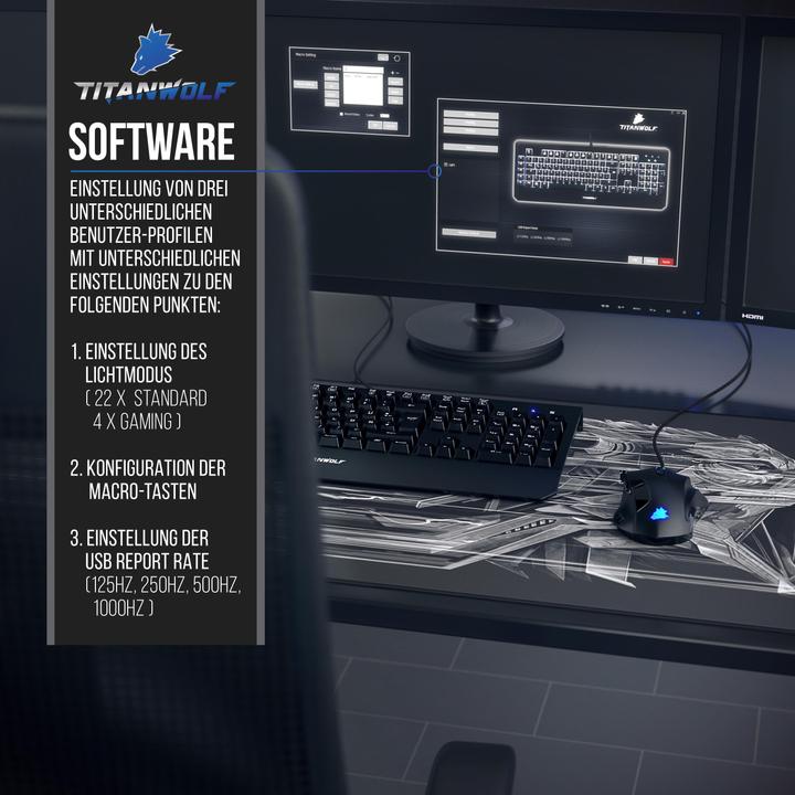 Actual product image Titanwolf Gaming Keyboard "Enforcer" mechanical, LED lighting / QWERTY / Keyboard with Kailh Blue Switches (DE, Cable)