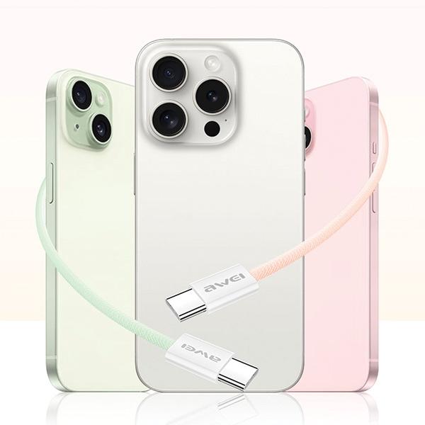 Image du produit Awei câble CL-219T USB-C na USB-C 60W biały/white iPhone 15 (USB 3.2 Gen 1, 60 W)