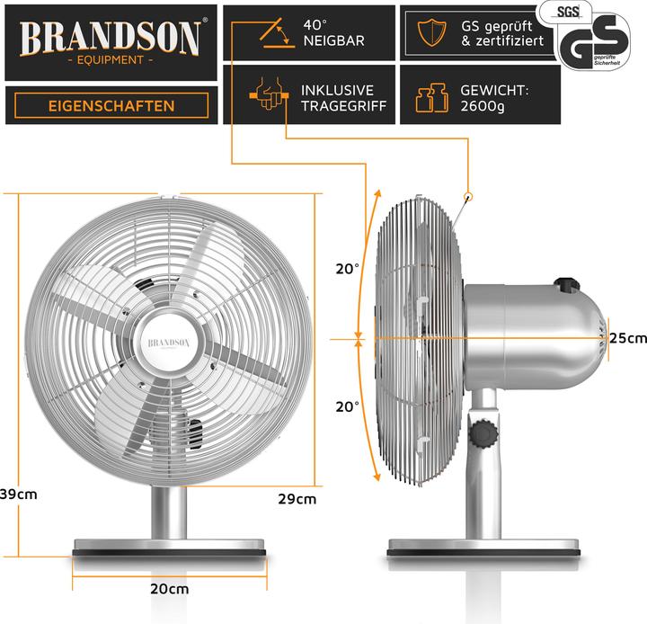 Actual product image Brandson Table fan, retro design, oscillation, tilt angle approx. 40°, metal housing, 30W, silver (50 dB)