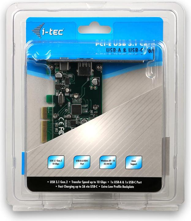 Produktbild i-tec PCI-E USB 3.1 Gen.2 10 Gbps Card Adapter auf 1x externes USB-A 3.1 1x externes USB-C 3.1, 1x zusa...