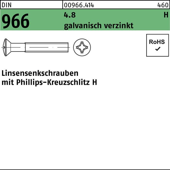 Produktbild Linsensenkschraube DIN 966 m.Kreuzschlitz PH M 3 x 25 -H 4.8 galvanisch verzinkt (2000 Schrauben pro Stück)