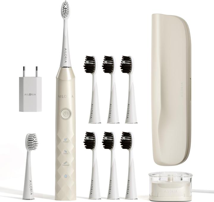 Astuccio, Stazione di ricarica USB induttiva, Presa di corrente USB, 6x testine bianco carbone, 2x testine Extra Clean bianche, Spazzolino sonico SHINE BRIGHT