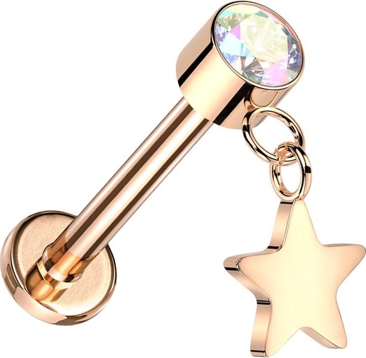 Immagine prodotto Star Piercing Labret microfilettato oro rosa cilindro oro rosa cristallo multicolore ciondolo stella oro rosa (Titanio G23, senza ottone)